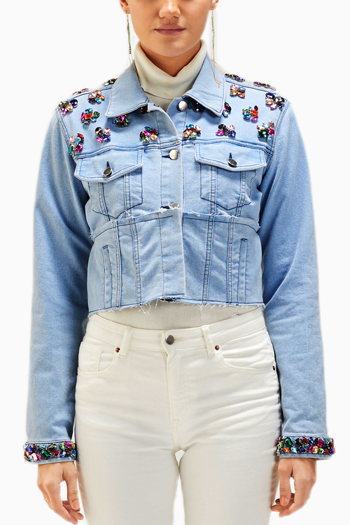 Light  Wash Multicolor Stones Embellished Crop Jacket
