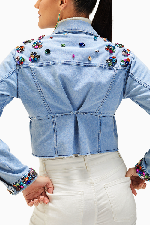 Light  Wash Multicolor Stones Embellished Crop Jacket