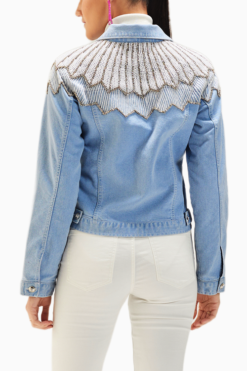 Light Wash Pearl Yoke Embellished Denim Jacket
