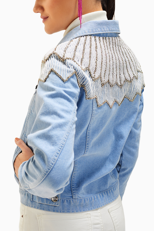 Light Wash Pearl Yoke Embellished Denim Jacket