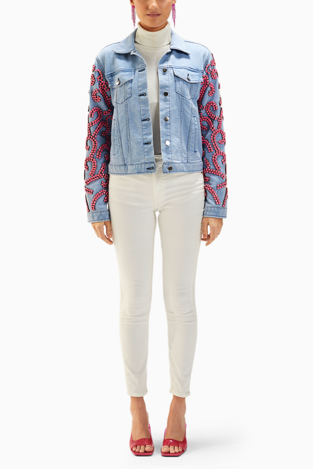 Light Wash Pink Stone Embellished Denim Jacket