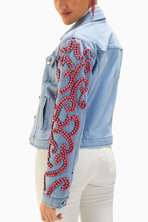Light Wash Pink Stone Embellished Denim Jacket