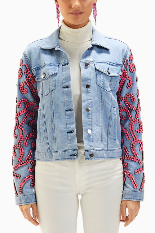Light Wash Pink Stone Embellished Denim Jacket