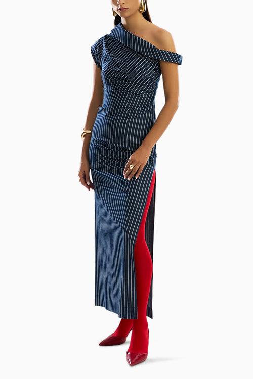 Linear Shift One Shoulder Denim Dress