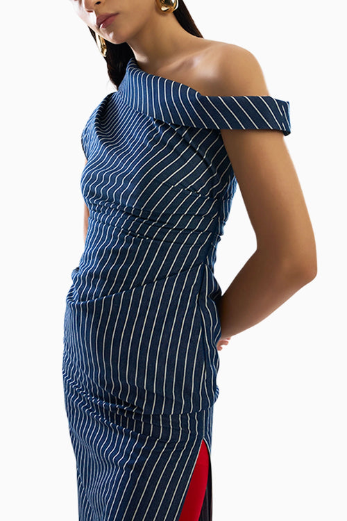 Linear Shift One Shoulder Denim Dress