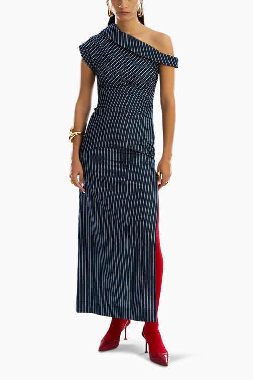 Linear Shift One Shoulder Denim Dress