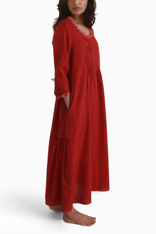 Deep Red Check Long  Ruffle Dress