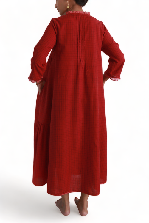 Deep Red Check Long  Ruffle Dress