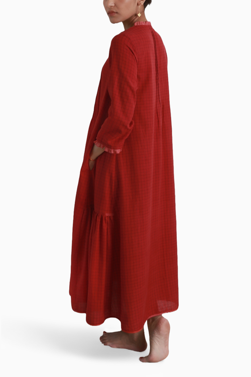 Deep Red Check Long  Ruffle Dress