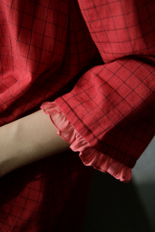 Deep Red Check Long  Ruffle Dress