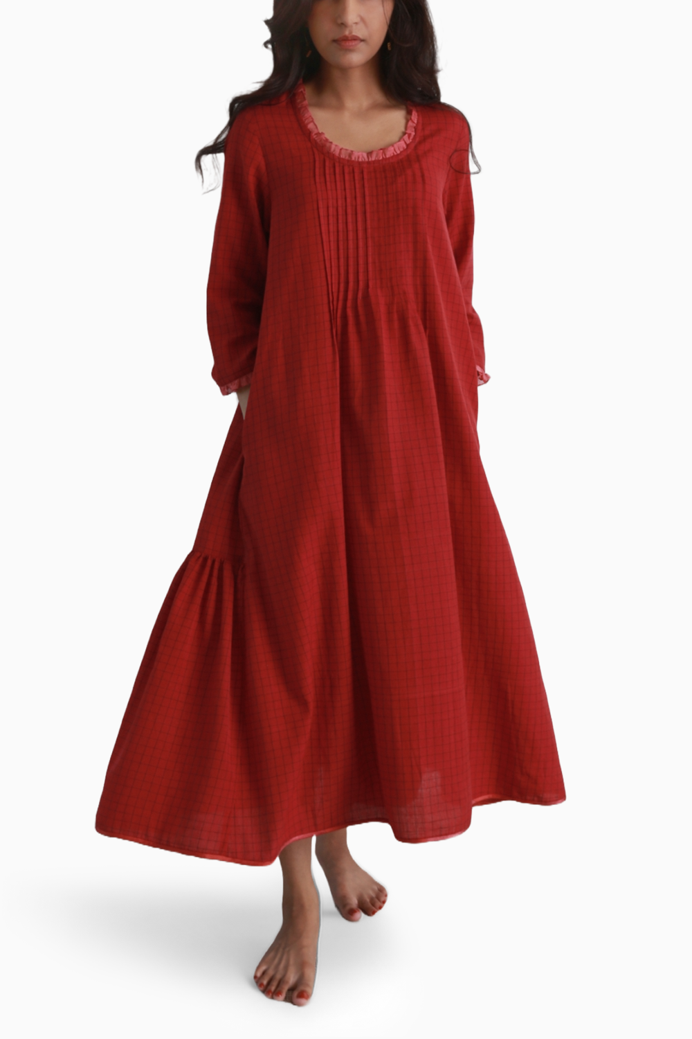 Deep Red Check Long  Ruffle Dress