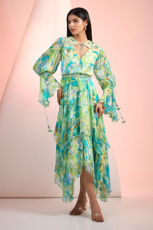 Green Love Printed Flowy Dress
