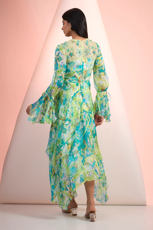 Green Love Printed Flowy Dress