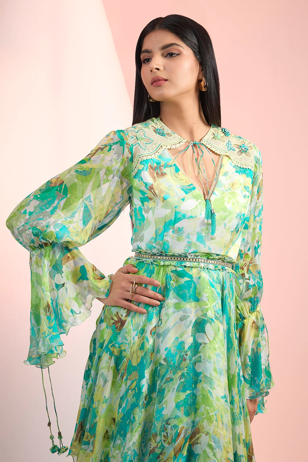 Green Love Printed Flowy Dress