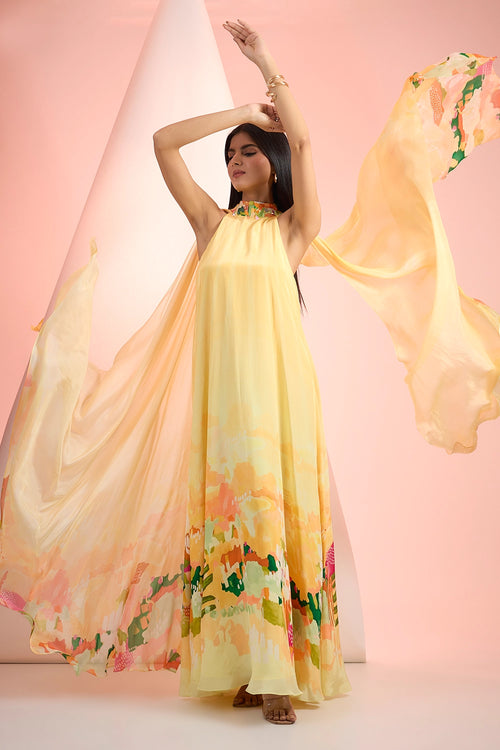 Yellow Love Printed Cape Dress