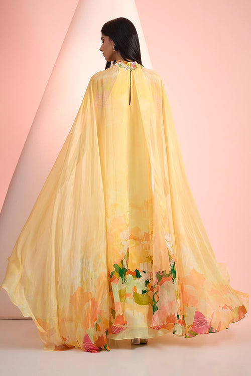 Yellow Love Printed Cape Dress