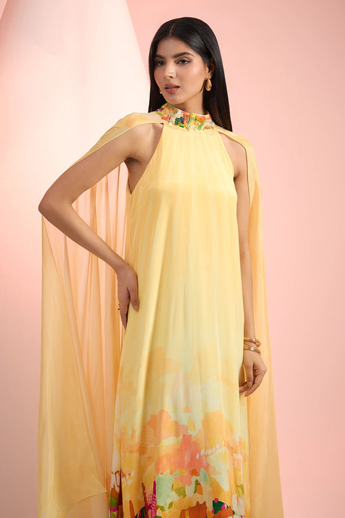 Yellow Love Printed Cape Dress