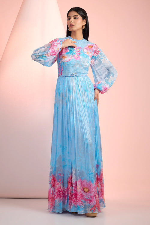 Sky Blue Love Printed Pintuck Dress
