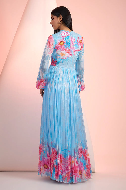Sky Blue Love Printed Pintuck Dress