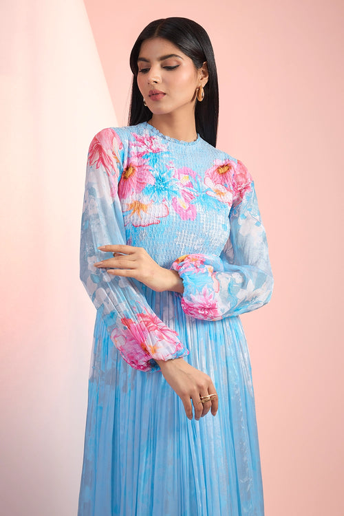 Sky Blue Love Printed Pintuck Dress
