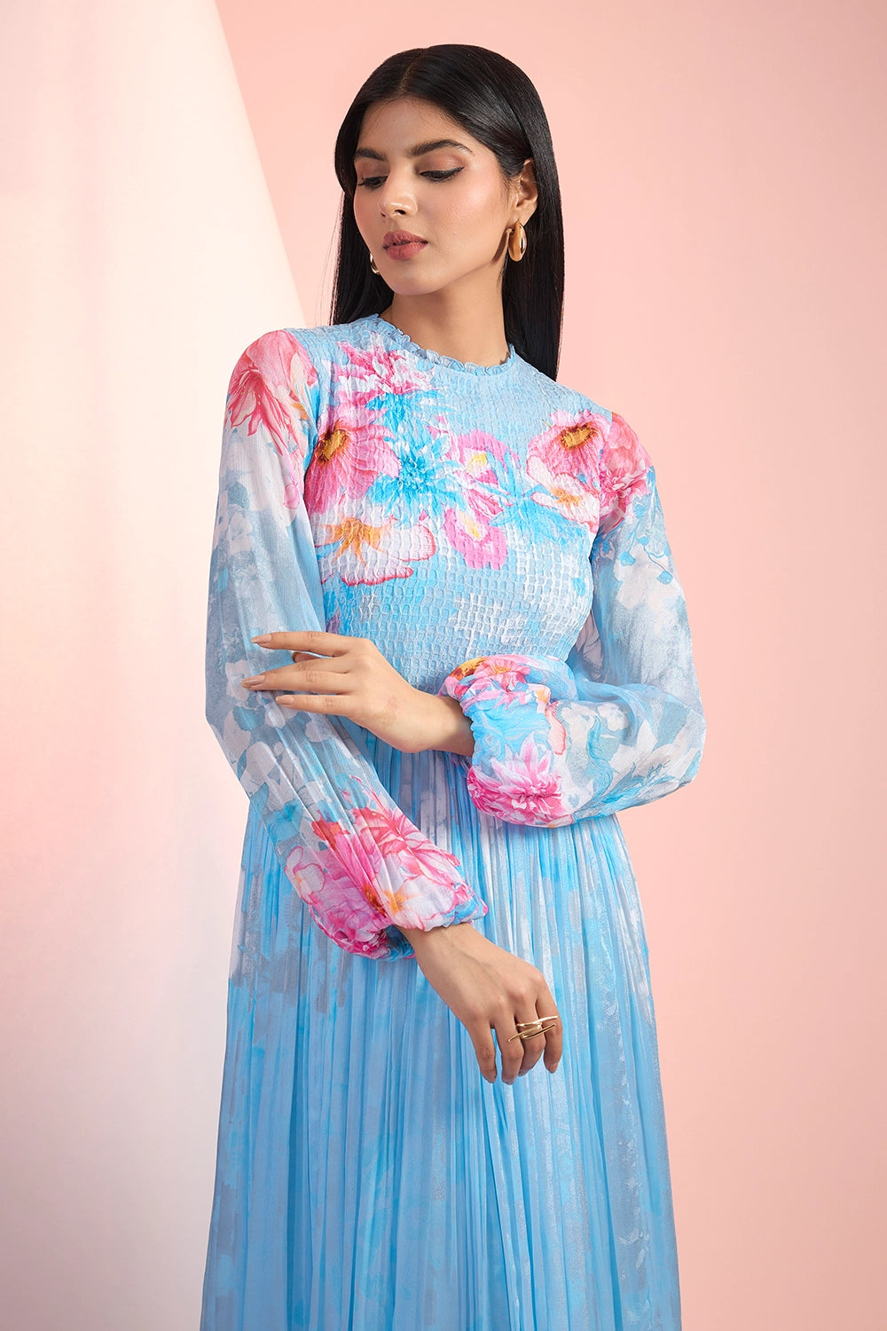 Sky Blue Love Printed Pintuck Dress