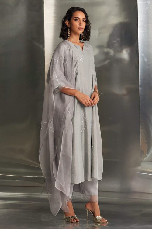 Steel Grey Side Gathered Kurta Set