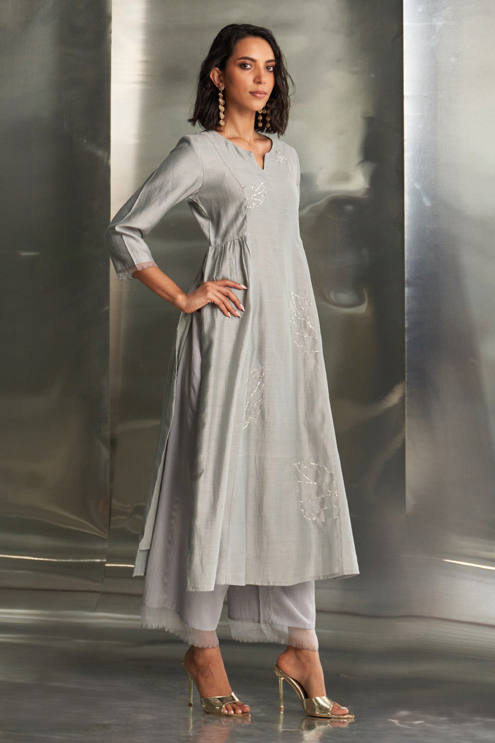 Steel Grey Side Gathered Kurta Set