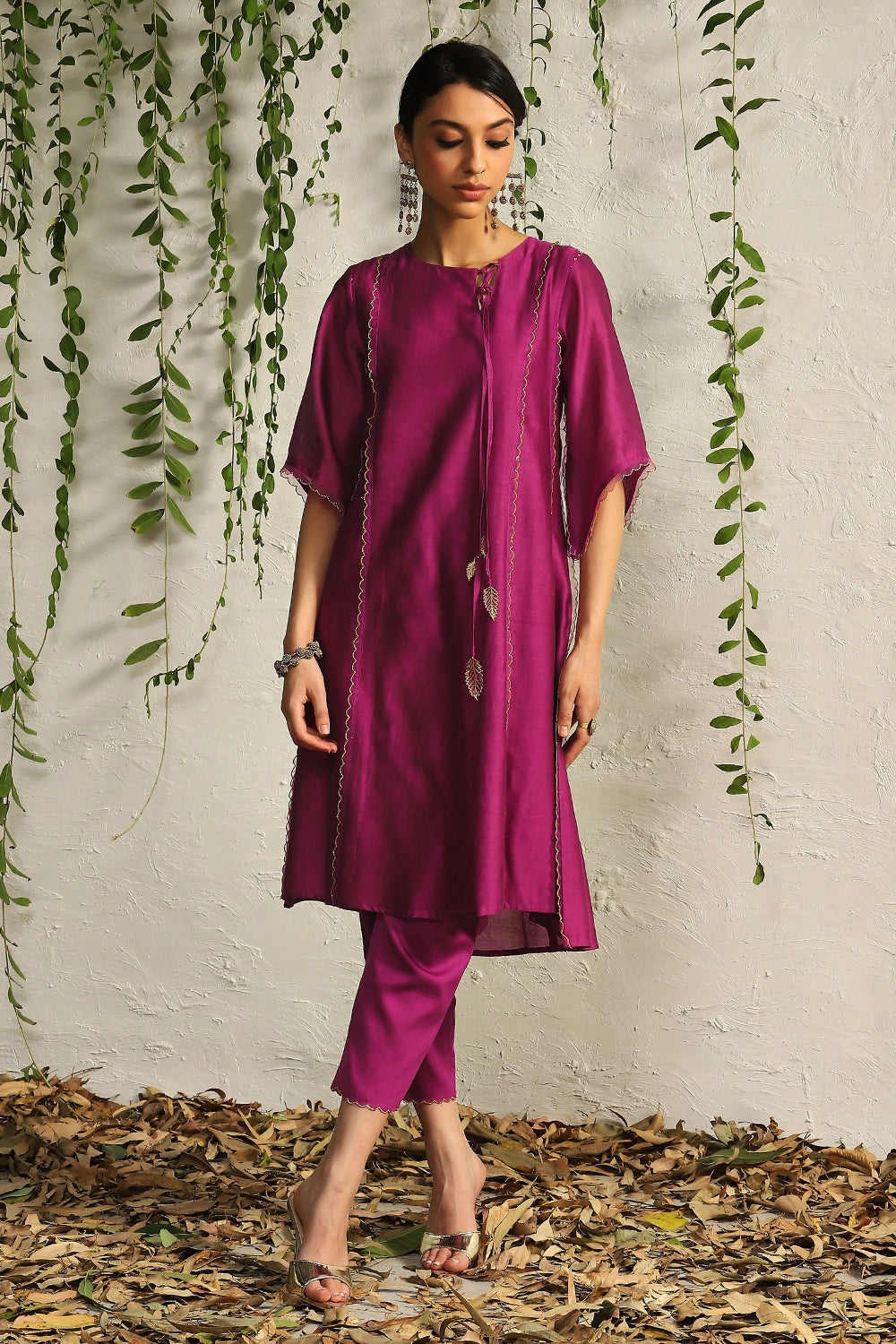 Pop Pink Chanderi Tie-Up Kurta Set