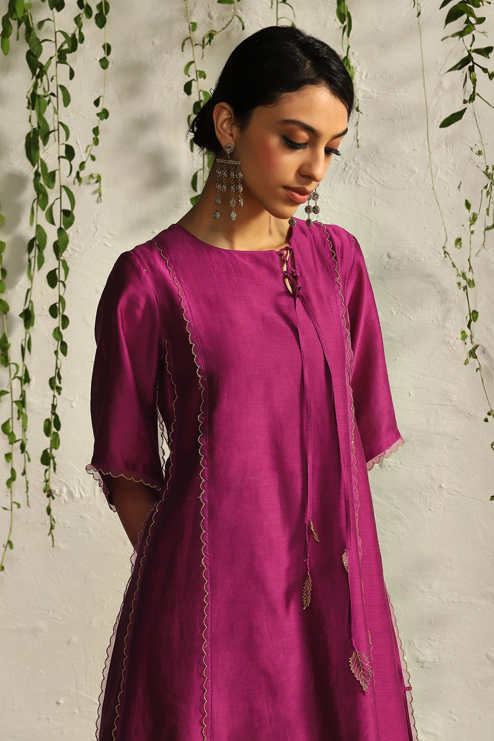 Pop Pink Chanderi Tie-Up Kurta Set