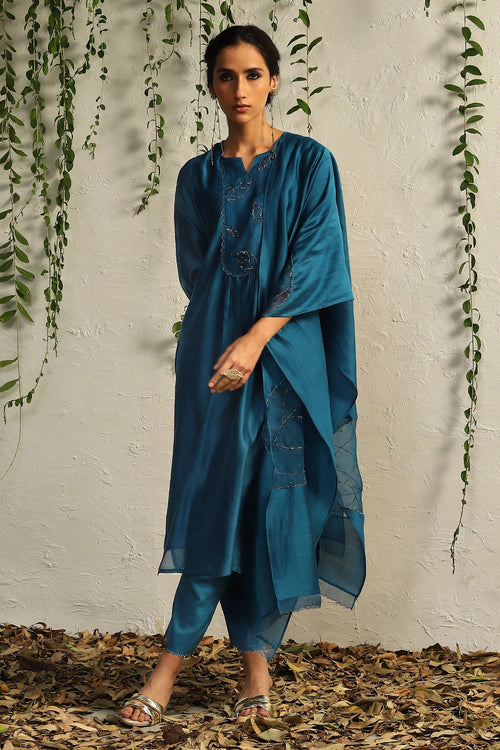 True Blue Chanderi Flowy Kurta Set