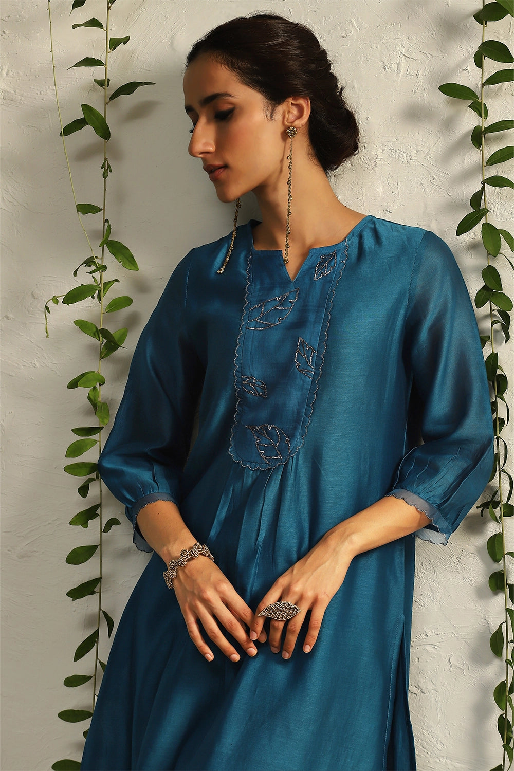 True Blue Chanderi Flowy Kurta Set