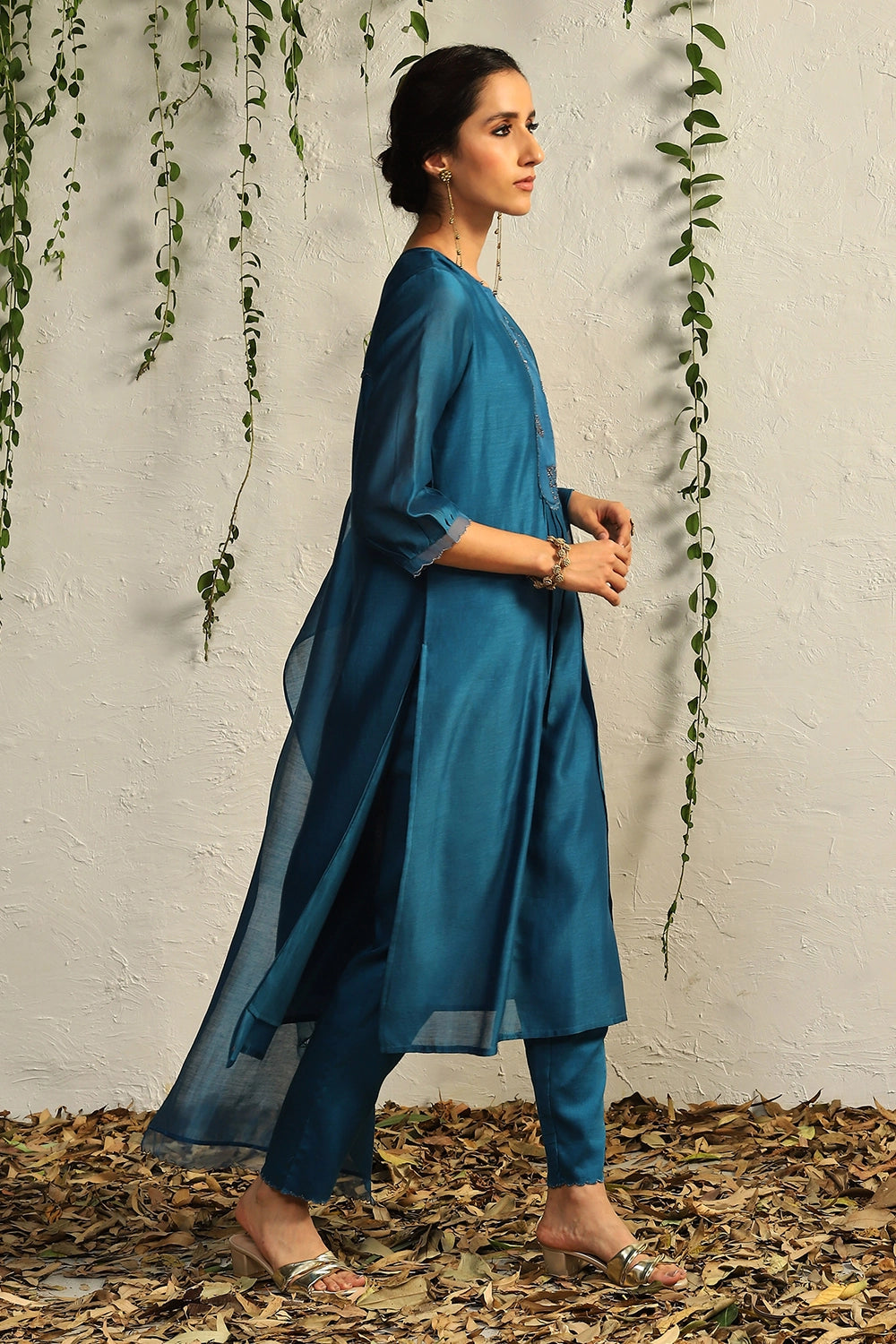 True Blue Chanderi Flowy Kurta Set