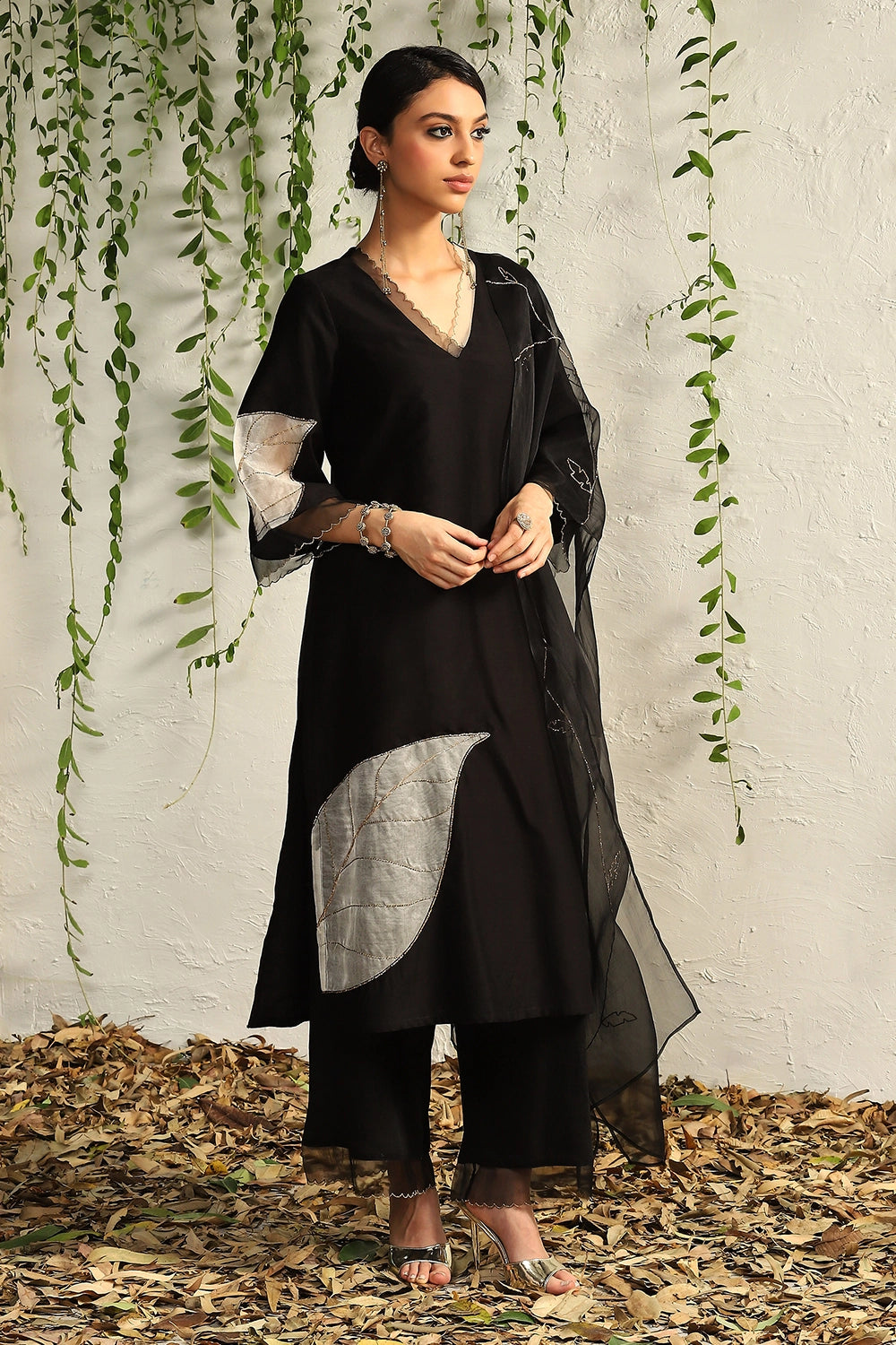 Black and White Chanderi Straight Kurta Set