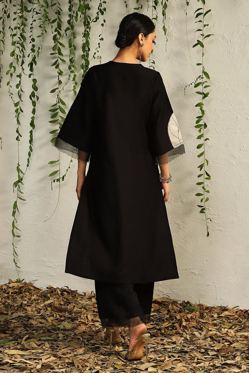 Black and White Chanderi Straight Kurta Set