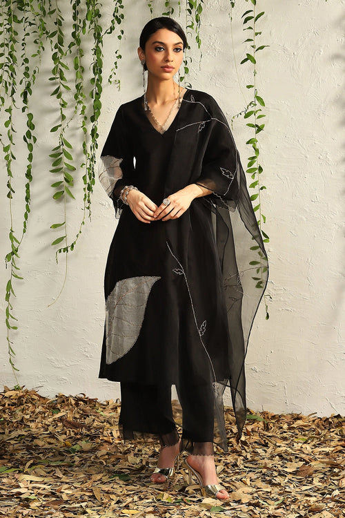 Black and White Chanderi Straight Kurta Set
