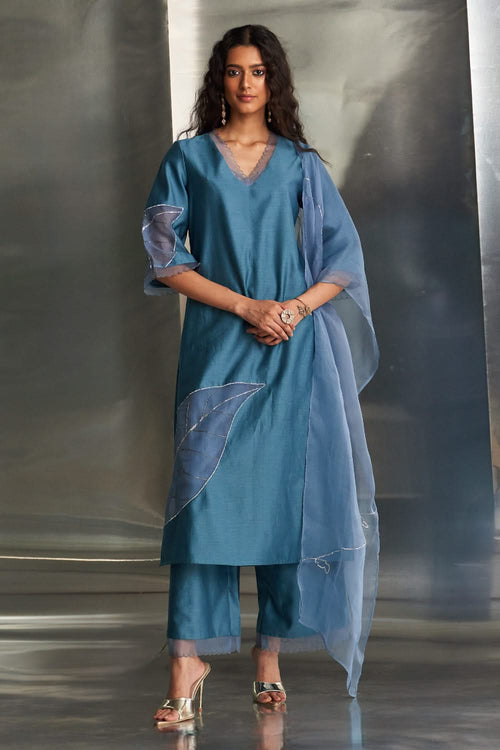 Steel Blue Chanderi Straight Kurta Set