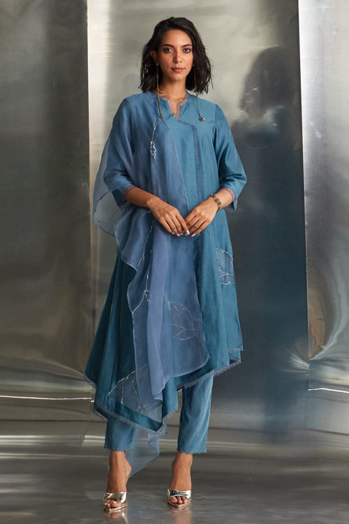 Steel Blue Chanderi Asymmetrical Kurta Set
