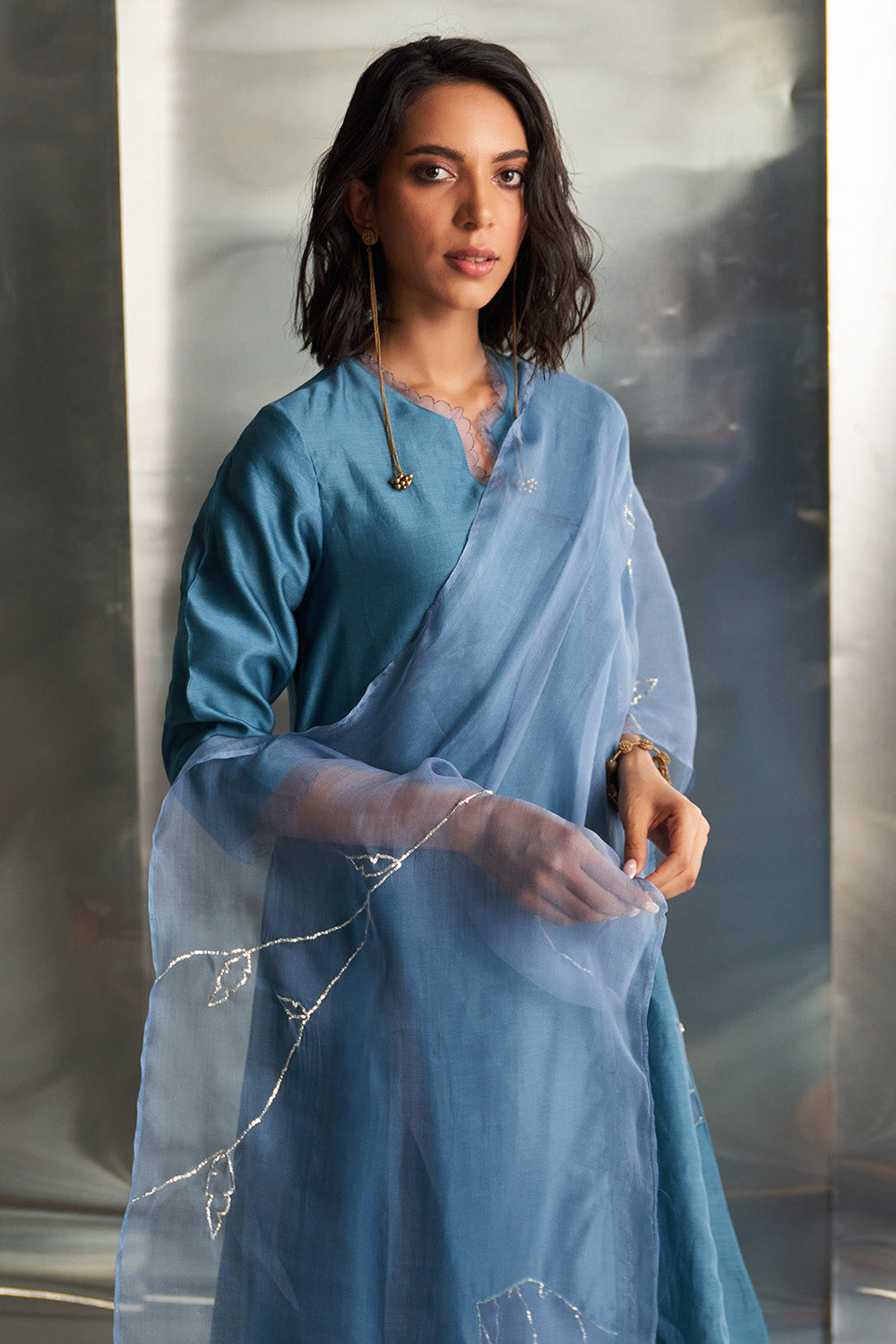 Steel Blue Chanderi Asymmetrical Kurta Set