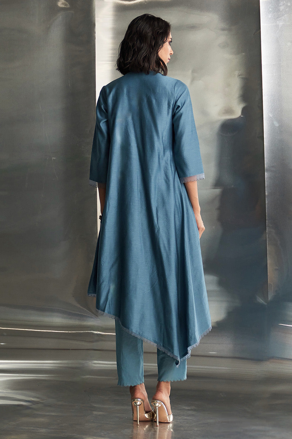 Steel Blue Chanderi Asymmetrical Kurta Set