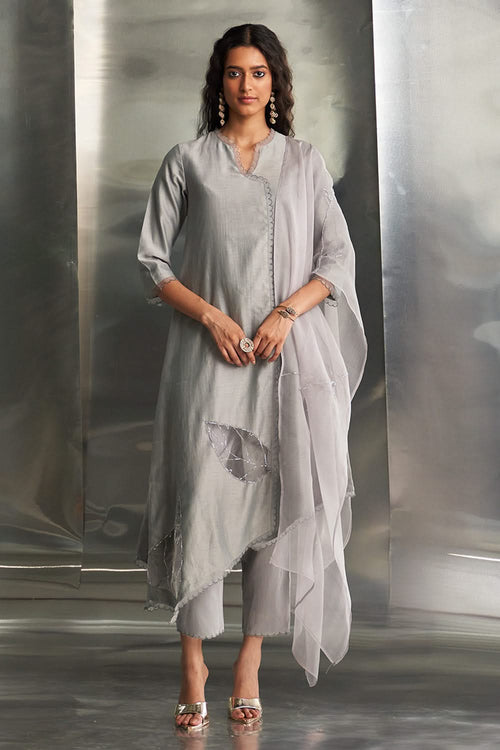 Steel Grey Chanderi Asymmetrical Kurta Set