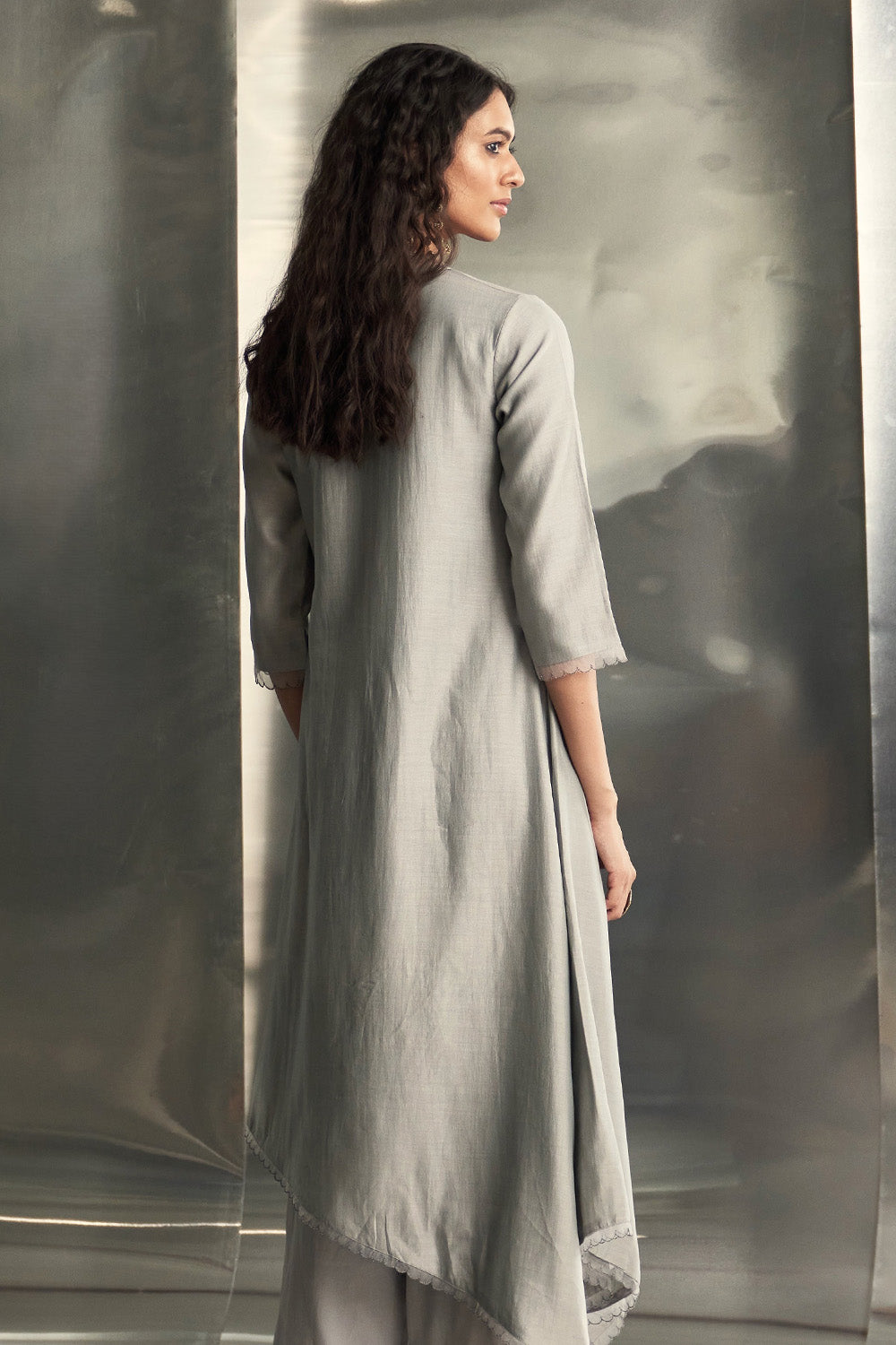 Steel Grey Chanderi Asymmetrical Kurta Set