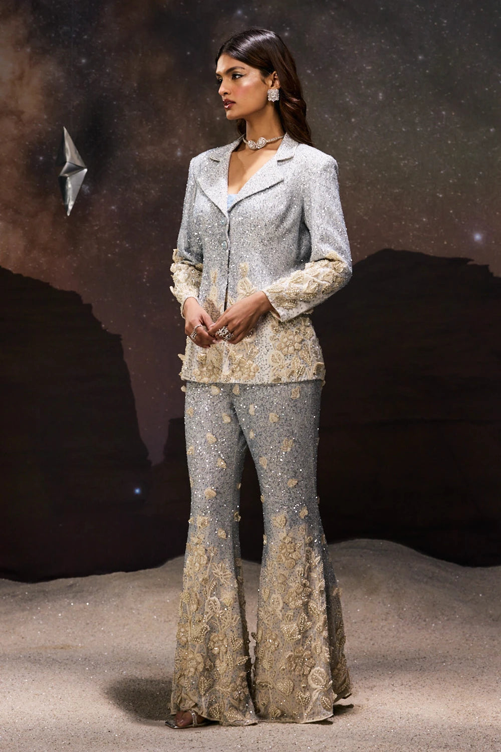 Embroidered Floral Blazer and Flared Trousers Set