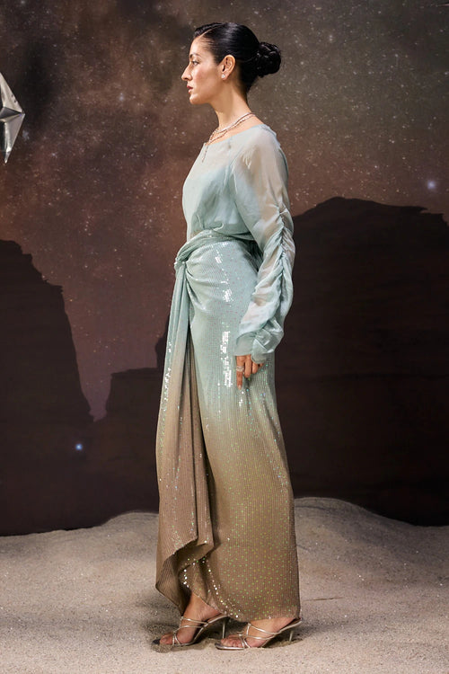 Ombre Sheer Top and Sequined Drape Skirt Set