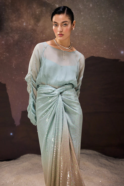 Ombre Sheer Top and Sequined Drape Skirt Set