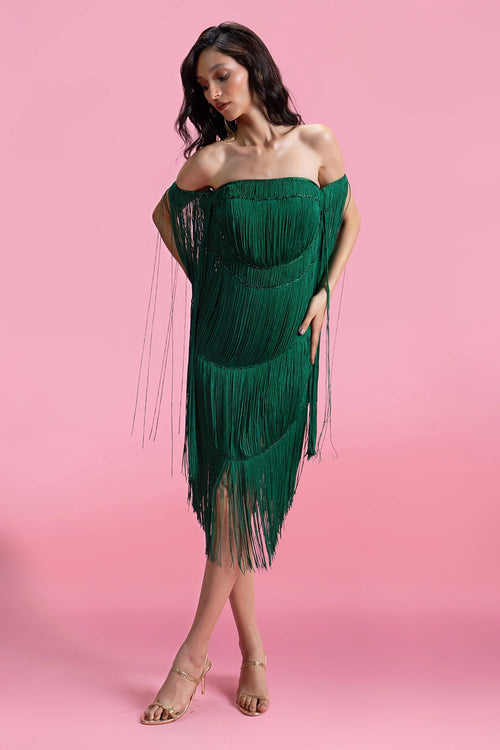 Off-Shoulder Crystal Handwork Fringe Dress