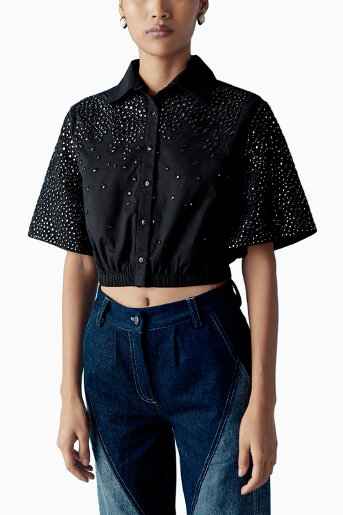 Mirror Embellished Black Crop Top