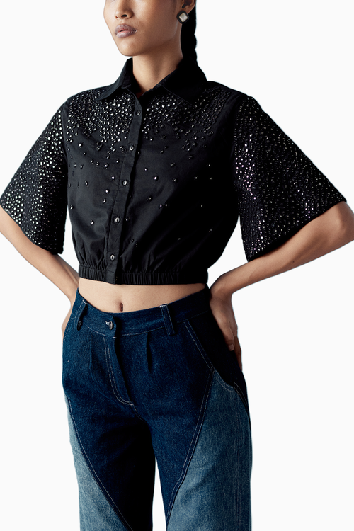 Mirror Embellished Black Crop Top