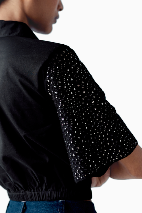 Mirror Embellished Black Crop Top