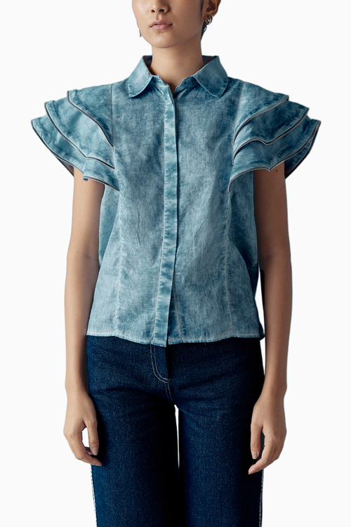 Overdyed Blue Zipper Frill Shirt