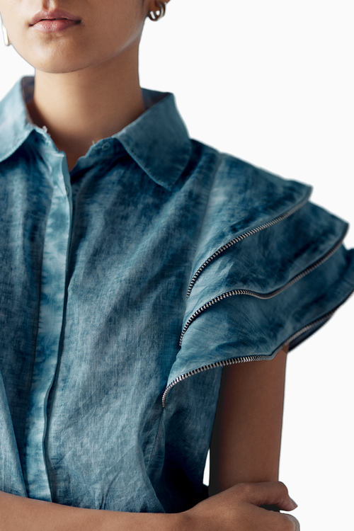 Overdyed Blue Zipper Frill Shirt